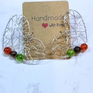 Handmade earrings silver plated heart shaped non tarnish wire and glass beads